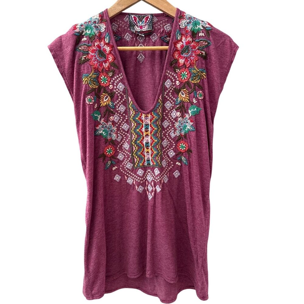 Johnny Was Purple Embroidered V-Neck Short Sleeve Tee - Picture 2 of 8